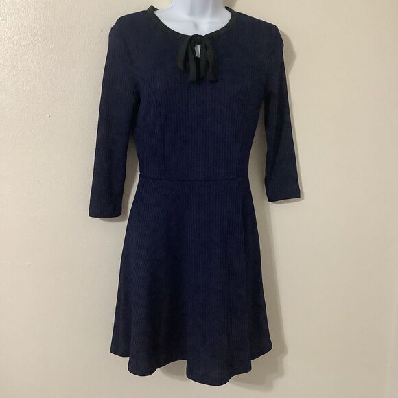 H&M Navy Blue Ribbed Tie Front Twee Preppy Academic Retro Knee Length Dress Sz 8 - Picture 1 of 8
